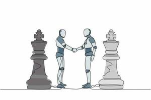 Single one line drawing two robot shaking hands together while standing between of king chess pieces. Agreement or partnership in tech industry. Continuous line draw design graphic vector illustration