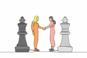 Single continuous line drawing two Arabian businesswomen shaking hands together while standing between of king chess pieces. Collaboration strategy to success together. One line graphic design vector