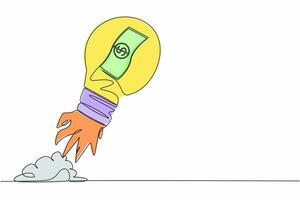 Single one line drawing banknote launching with light bulb. Fast money on a rocket. Spending money or wasteful. The concept of cashless society. Continuous line draw design graphic vector illustration