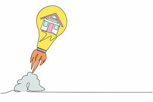 Single continuous line drawing house launching with light bulb. New business property innovation. Digitalization credit mortgage banking ideas. Dynamic one line draw graphic design vector illustration