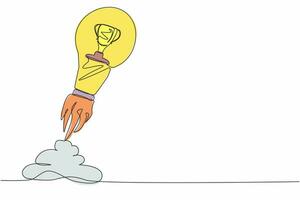 Single continuous line drawing of trophy launching with light bulb. Business startup idea for winning competition. Achievement and boost goals concept. One line draw graphic design vector illustration