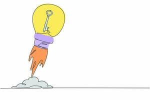 Single continuous line drawing key launching with light bulb. Key performance indicator skyrocket trough the sky. Tremendous business success metaphor. One line draw graphic design vector illustration