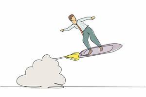 Single one line drawing businessman riding surfing board rocket flying in the sky. Successful trader on peak of profitability. Business success. Continuous line draw design graphic vector illustration