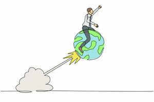 Single continuous line drawing businessman riding sphere globe rocket flying in the sky. Global business expansion, open company branch, franchise in new location. One line design vector illustration