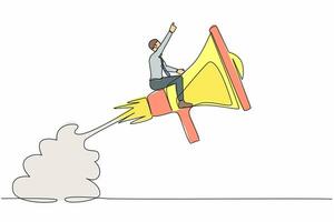 Single continuous line drawing businessman riding megaphone rocket flying in the sky. Fast communication, business soft skill to communicate with team or customer. One line design vector illustration