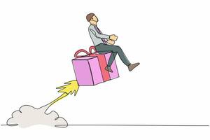 Single one line drawing businessman riding gift box rocket flying in the sky. Fast shipping or delivery concept. Cardboard box for moving and packaging. Continuous line draw design vector illustration