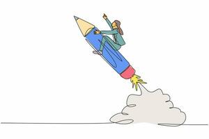 Single continuous line drawing businesswoman riding pencil rocket flying in sky. Creativity idea lead the way, education or knowledge help career development. One line draw design vector illustration