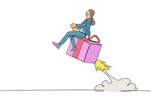 Continuous one line drawing of businesswoman riding gift box rocket flying in the sky. Package cardboard box with attached rockets. Big box with booster. Single line design vector graphic illustration