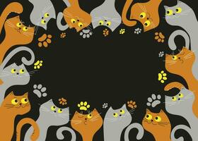 Banner frame with funny multicolored cartoon cats. Animal tracks, paw print, pet footprint.  Postcard design, flyer. Space for text. vector