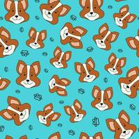 Seamless pattern portrait Cartoon Dog. Pet drawing. Paw print. Cute dog muzzle. Corgi breed. Banner, logo. Vector illustration on isolated background.