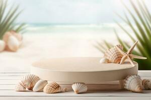 AI generated Empty Round Beige Platform Podium with Sea Shells and Starfish on White Beach Sand Background. Generative AI photo