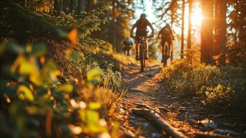 ai generado montaña ciclistas ciclismo en el bosque foto