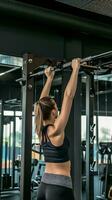 AI generated Back view of young woman doing chin-ups in the gym photo