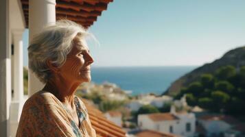 AI generated Old woman on the balcony of a Mediterranean-style house. Generative AI photo