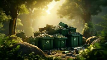 AI generated Trash cans with recycle icon photo