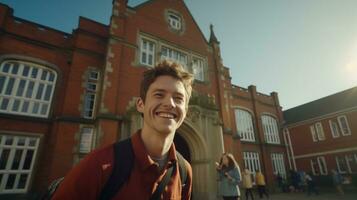 AI generated Adolescent boy posing in front of school. Generative AI photo