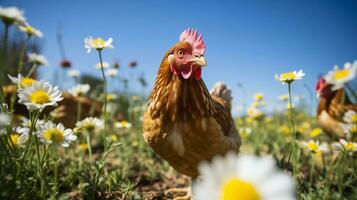 ai generado un grande pollo soportes en un prado lleno de margaritas foto