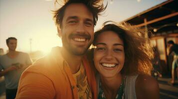 AI generated Young couple posing happy outdoors photo