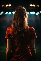 AI generated a girl watching soccer on an empty stadium at night photo