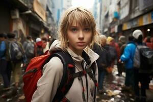 AI generated young girl with backpack standing on the street. Generative AI photo