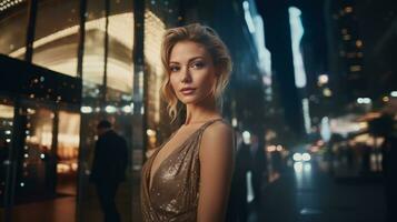 AI generated An elegantly dressed woman poses in front of a boutique on the street in the evening photo