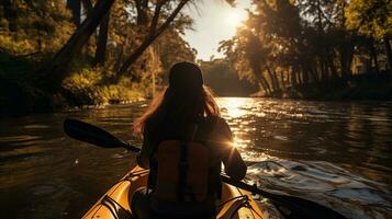 AI generated Woman paddling a canoe on a calm lake photo