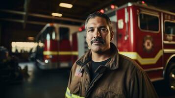 AI generated Firefighter posing in front of fire truck. Generative AI photo