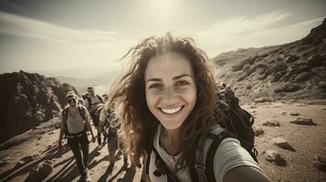 ai generado grupo de turista amigos en un naturaleza viaje. generativo ai foto