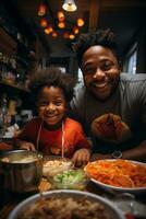 AI generated Young african american man posing in the kitchen with his son photo