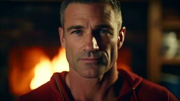 AI generated Handsome man posing in front of fireplace. Generative AI photo