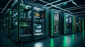 AI generated Inside a High Tech Data Center. Multiple Rows of Active Server Racks Powering Telecommunication, Cloud Computing, Artificial Intelligence, and Supercomputing Technologies photo