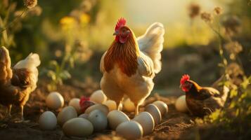 AI generated farm chickens standing together with eggs photo