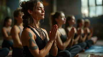 AI generated A female yoga instructor is leading a meditation session for a group of Caucasian individuals. photo