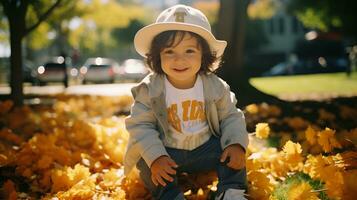 ai generado contento pequeño chico vistiendo un sombrero. generativo ai foto