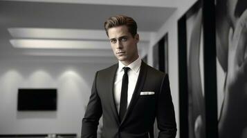 AI generated Young businessman in office corridor. Generative AI photo
