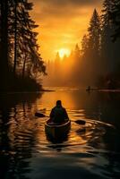 ai generado hombre remar un canoa en un calma lago foto