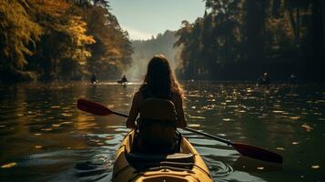 AI generated Woman paddling a canoe on a calm lake photo