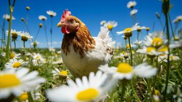 ai generado un grande pollo soportes en un prado lleno de margaritas foto