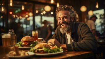 AI generated Middle aged man standing in front of a hamburger at the table in a hamburger restaurant photo