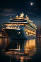 AI generated Cruise ship docked at the port at night photo