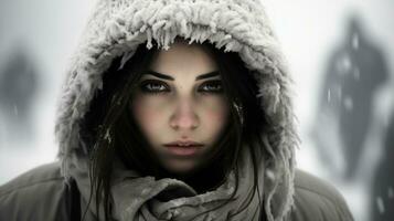 ai generado joven mujer vistiendo su capucha en un Nevado clima. generativo ai foto