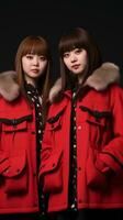 AI generated Two asian women in red coats walking together.. Generative AI photo