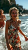 AI generated A group of female friends swim in the sea wearing bikinis photo