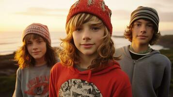 ai generado grupo de Adolescente amigos teniendo divertido juntos en el playa. generativo ai foto