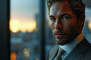 AI generated Handsome businessman looking out the window photo