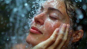 ai generado joven mujer participación su cara mientras tomando un ducha foto