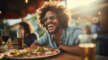 AI generated Young man standing in front of pizza at the table in a pizzeria photo