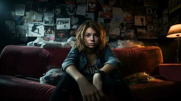 AI generated Unhappy teenage girl in her messy room. Generative AI photo