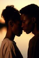 AI generated Young African American couple getting closer in front of sunset view photo