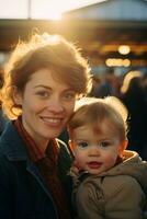 AI generated Mother and son posing at a local market photo